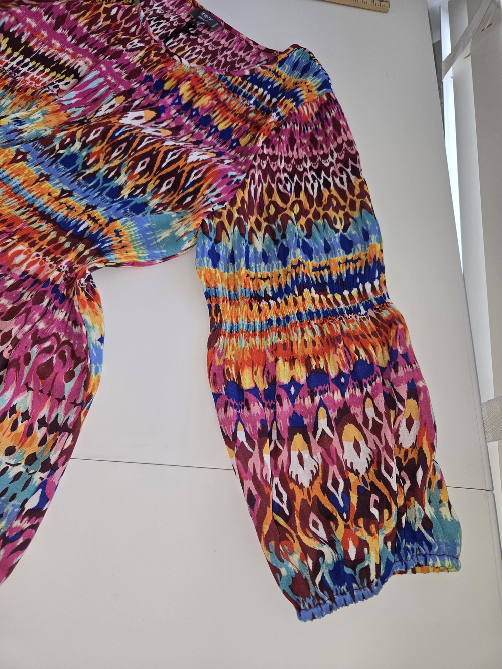 NWT Ninety Clothing Multi Color Geometric Ikat Print Pleated Boho Blouse 2X - Picture 15 of 16